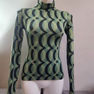 HOST & VAR Green Black Top Size XS Geo Print Mock Neck Eco Friendly Cruelty Free